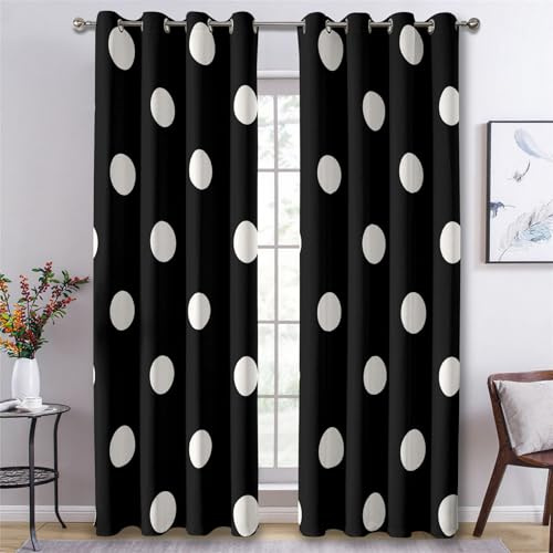 Generisch Weiß Punkte Vorhänge Wohnzimmer, Verdunklungsvorhänge Schwarz Weiß mit Ösen, Vorhang Blickdicht mit Muster, Gardinen für Wohnzimmer Deko 2er Set, H 137 X B 117 cm B-G32