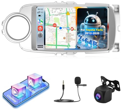 NHOPEEW 2G+64G Android Car Radio para Toyota Yaris 2012-2020 - Wireless Carplay & Android Auto - 9 Pulgadas Stereo con WiFi EQ GPS Mirror Link FM RDS + AHD Cámara de visión Trasera&Mic