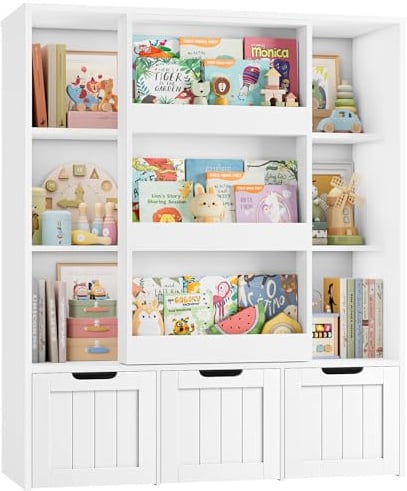 FOREHILL 120cm Kinderregal, Kinderzimmer Möbel mit Schiebtür & Bücherregal | Kinderregal für Spielzeug Aufbewahrung, Kinderschrank, Bücherregal Kinder für Kinderzimmer, Leseecke 120x37x100cm