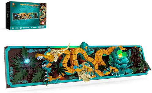 JMBricklayer Mythische Drachen Fliesen Bauspielzeug mit Lichtern 70020, 3D Art Zuhause Büro Wanddeko Tisch Deko Bauset, Dragon Blume Wandkunst Klemmbausteine Geschenk für Erwachsene