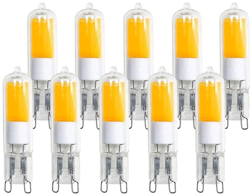 NCC-Licht 10x LED COB Lampe Stiftsockel G9 2W Warmweiß 2700K | LED Leuchtmittel Retrofit aus Glas ersetzt 20W Halogenlampe mit G9-Sockel, gemütliches Licht ideal für Wohnbereiche