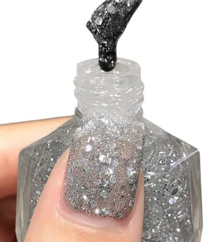 Quick Dry Nail Polish,Glitter Nail Varnish,Long Lasting Nail Varnish with Shimmer & Glitter Finish,Smooth Glossy Nail Polish,Easy Apply,No UV Lamp Needed for DIY Nail Art,Easy Apply(Silver)