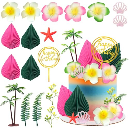 Hawaiianische Tortendekorationen, 18 Stück Hawaii Kuchendeko, Blumen Kuchendekorationen, Hibiskus Blumen Tortendekorationen, Luau Tortenaufleger für Geburtstage, Hochzeiten, Babypartys