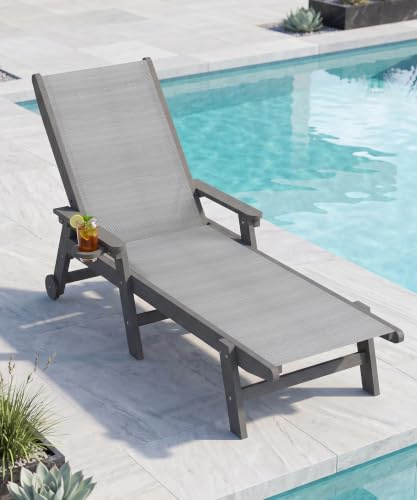 Domi Sonnenliege Outdoor mit Rollen, HDPE Gartenliege Wasserfest, 5-Fach Verstellbar, Poolliege und Liegestuhl für Terrasse, Garten, Balkon und Pool, Grau