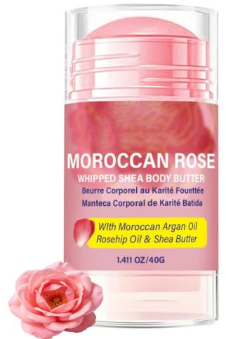 Moroccan Rose Shea Body Butter Stick with Argan Oil Rosehip Oil, Deeply Moisturizing Brightening Solid Body Lotion for Elbows Knees Dry Skin, Portable Twist-Up Moisturizer Stick (1PC)