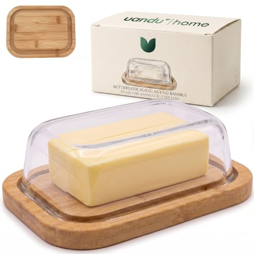 uandu Butterdose Glas mit Deckel für 250 g Butter – Butterglocke | Borosilikatglas, FSC-zertifiziertes Bambus, Sicherer Stand, Glas spülmaschinenfest, Für Kühlschrank & Tisch