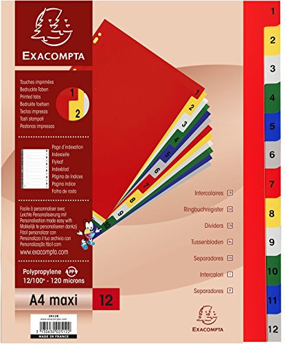 Exacompta 2512E Kunststoff-Register 1-12 für DIN A4 MAXI aus langlebigem Kunststoff 12-teilig volle Höhe 24 x 29,7 cm weiß mit bedruckten, bunten Taben Universallochung Indexseite zum selbstgestalten