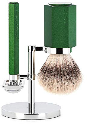 MÜHLE Rasierset - Hexagon Serie - Silvertip Fibre - Rasierhobel - Aluminium eloxiert forest