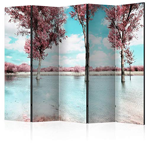 decomonkey Paravent Raumteiler Innen Natur 225x172 cm 5 Teilig Einseitig Room Divider Wall Raumteiler Stehend Trennwand Sichtschutz Spanische Wand Sichtschutzwand Wohnzimmer Holz Baum Landschaft