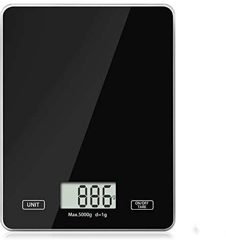 Meromore Digitale Küchenwaage, 5kg (1-g-genau) Digitalwaage elektronische Waage Digital Küchenwaagen Haushaltswaage Hochpräzise aus Sicherheitsglas mit LCD Display, Tara-Funktion (Schwarz)