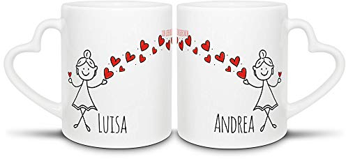 Partner-Tassen mit süßen Strichmännchen - für Frau und Frau - zum selbst Beschriften mit Wunschnamen - 2er Set Kaffeebecher aus Keramik mit Herzhenkel in Weiß, je 300 ml