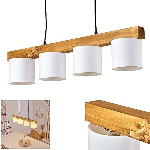 HOFSTEIN Pendelleuchte Malimea, 4-flammige Hängelampe aus Metall/Holz/Stoff in Weiß/Natur, Hängeleuchte m. Holzbalken und Stoff-Schirmen, Höhe max. 135 cm, 4 x E14, Esszimmer - Wohnzimmer - Küche