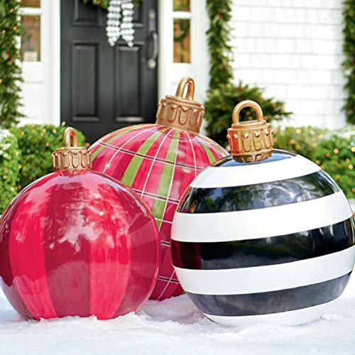 Settoo Pallina per albero di Natale, gonfiabile, 60 cm, in PVC, personalizzabile, con cilindro di gonfiaggio, strisce bianche e nere