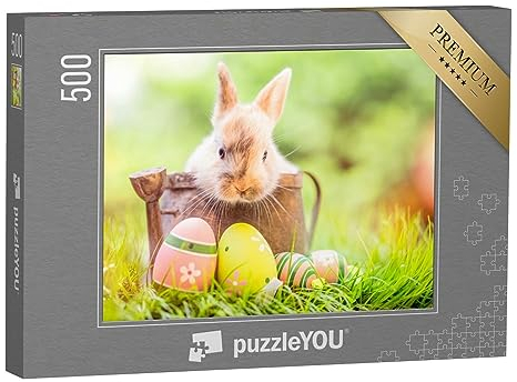 puzzleYOU: Puzzle 500 Teile „Kleines Kaninchenbaby mit Ostereiern“ – aus der Puzzle-Kollektion Hasen, Bauernhof-Tiere