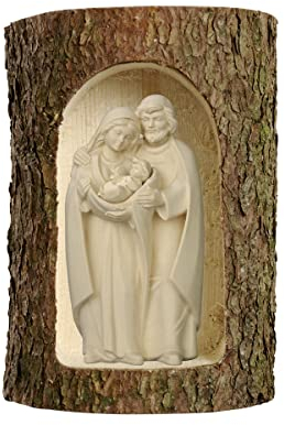 Weihnachtskrippe mit Jesus, Maria und Joseph aus Holz in einem echten Baumstamm handgefertigt in Gröden (Modell Harmonie) (Natur/Naturholz)