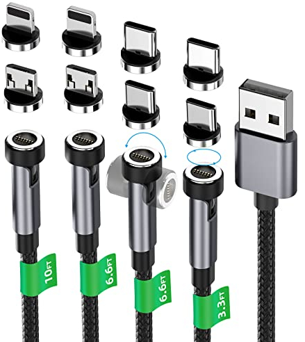 GUUGEI Cable de carga magnético paquete de 4 (3/6/6/10 pies), cable de cargador de teléfono USB magnético 3 en 1 compatible con micro USB, teléfonos inteligentes tipo C y dispositivo iProduct - negro