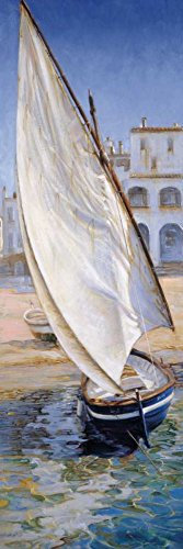 Feeling at home KUNSTDRUCK auf MATTE PAPIER 220gr OSTWIND Laporta Jaume - Meer vertikale Poster Blaue beige graue Boote Wasser Bild auf Papier cm_152_X_50