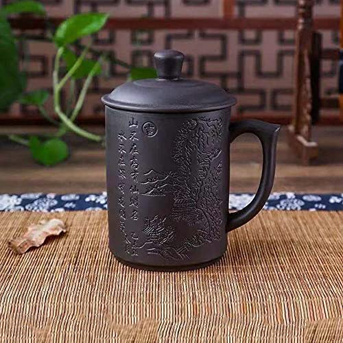 Taza de té de cerámica, pintada a mano china de arcilla morada con tapa e infusor, (13 onzas) Yixing Zisha taza de agua para oficina y hogar (vista a la montaña negra)