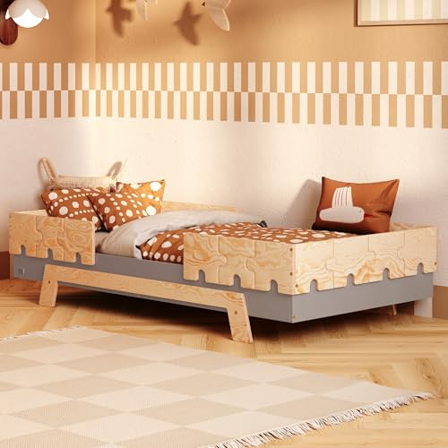 smartwood Kinderbett 80x160 cm mit Lattenrost, Holz, Grau, Puzzle BR2