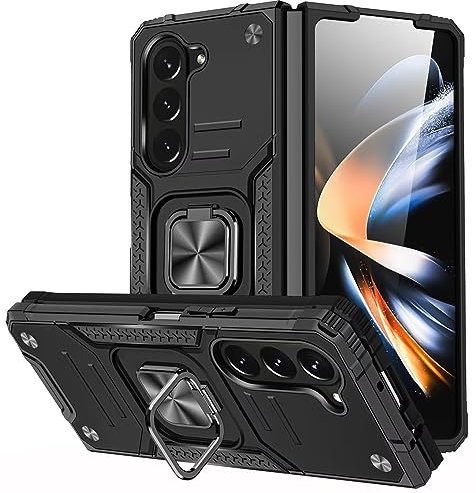 KANSi Hülle für Samsung Galaxy Z Fold 5, Silikon TPU Hart PC Handy Hüllen 360 Grad Drehbar Ringhalter Bumper Stoßdämpfung Schutzhülle - Schwarz