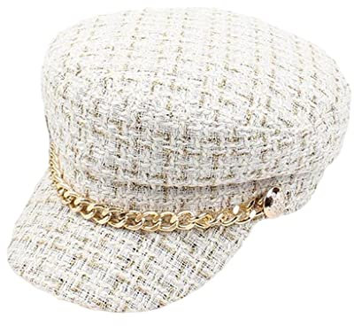 TOOYFUL Ballonmütze Aus Kariertem Tweed für Damen Fischermütze Schirmmütze mit Baskenmütze Und Kette, Weiß
