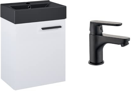 VBChome Badmöbel Set 45 cm Schwarz Waschbecken mit Hängeschrank Weiß mit Armantur Schwarz Waschtisch 1-Türen Soft-Close Waschtischarmatur Schwarz Modern Elegant