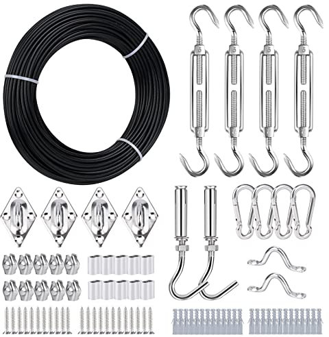 TooTaci Globe String Light Suspension Kit, 30M Black Coated Stainless Steel Wire Rope, 7×7 Strands, 3mm Steel Metal Wire Cable Heavy Duty, M5 Turnbuckle Hook, Eye Plate, Hooks, for Outdoor Hanging