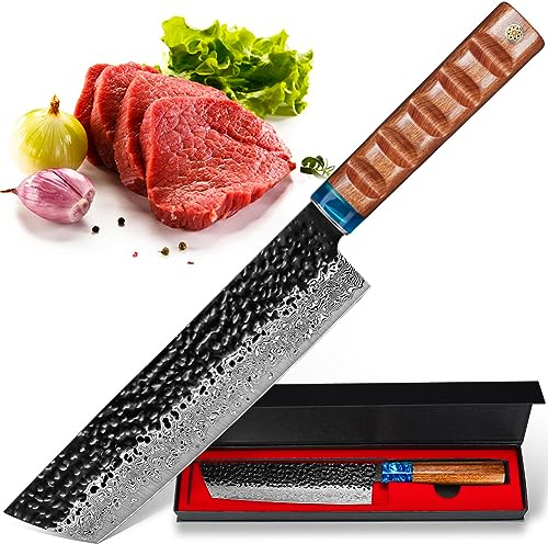 kyushublade Nariki Messer Kochmesser 18,5cm, Profi Küchenmesser aus 67 Schichten Gehämmertem Damaststahl Chefmesser Scharf mit Ergonomischer Griff für Haushalt,Restaurant