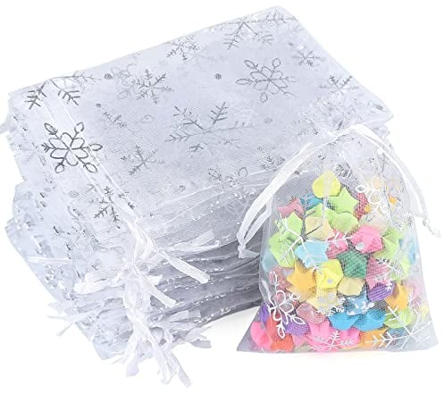 jijAcraft Organzasäckchen Weihnachten Weiß, Weihnachten Organza Beutel 10 x 15 CM, 50 Stück Schneeflocke Organza Beutelchen mit Kordelzug, Bonbons Geschenk Schmuckbeutel