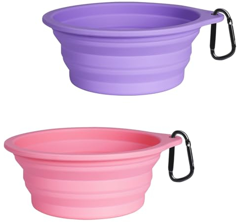 PetBonus Hundenäpfe Faltbar Hundenapf, 2 Stück Silikon Wassernapf für Hunde Unterwegs, Tragbar Auslaufsichere Reisenäpfe mit Karabiner für Hunde Katzen für Wasser und Futter (Violett, Rosa)