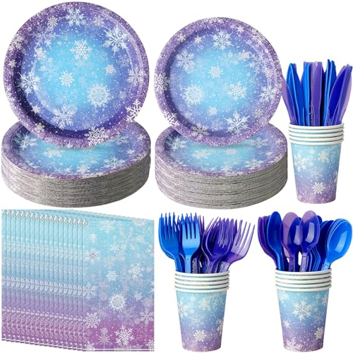 Winter Snowflake Paper Plates and Napkins Set, Blue and Purple Snowflake Winter Wonderland Disposable Tableware for Christmas Winter Holiday New Year Birthday Party Supplies Decorations, Serve 50