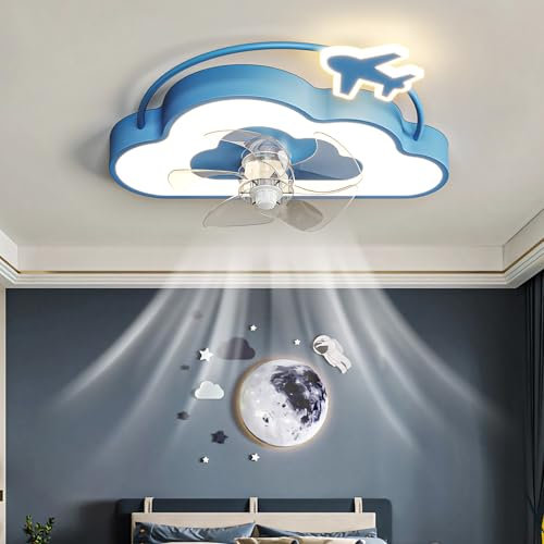 Caufloce Ventilateur Plafonnier Avec Lumiere Enfant Réversible Dc Dimmable Lustre Ventilateur De Plafond Et Télécommande 6 Vitesses Ventilateur Plafond Avec Lumiere Pour Chambre D'enfant-Blue Clouds