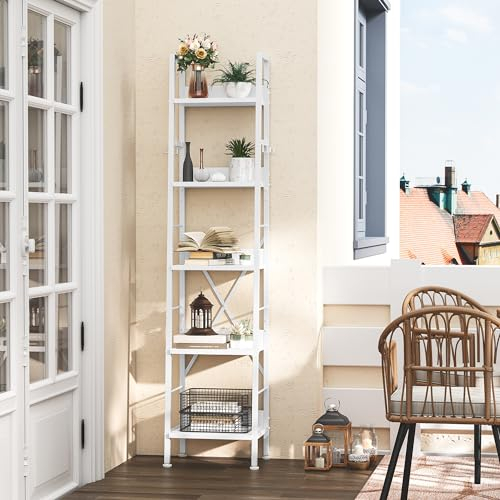 YITAHOME Librería de 5 Niveles, Estante de Escalera Industrial Estantería Independiente para Libros Estantes de Madera y Marco de Metal Estantería Moderna para Sala Pasillo Oficina, Blanco Puro
