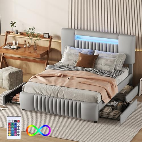 Polsterbett 140x200 cm mit LED Beleuchtung und 4 Schubladen, Doppelbett mit Lattenrost & Kopfteil - Kunstleder & Holz - Grau - Bett Stauraumbett Jugendbett Bettgestell für Erwachsene & Jugendliche