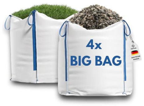 Jarlus Big Bag – 4x Premium Säcke für Bauschutt, Gartenabfälle, Holz, Sand, Erde, Grünschnitt, Weihnachtsgirlande – 90x90x90cm 1.000kg mit 4 Hebeschlaufen für Transport – Gewebesack stabil (4 Stück)