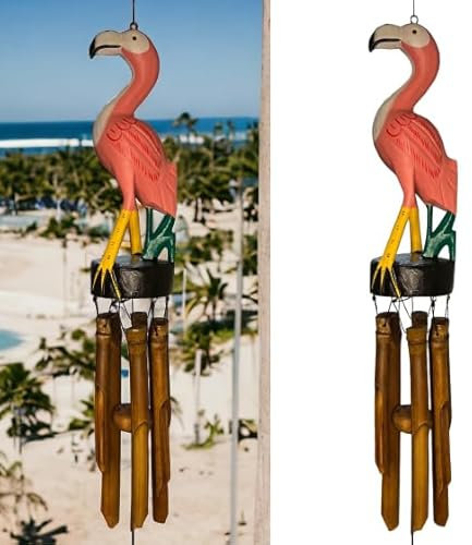 Top Brass Pinkes Flamingo-Windspiel, groß, einzigartig, rustikal, tropisch, für den Außenbereich, Bambus und Holz, hängende Gartendekoration, entspannend, beruhigend, tiefe Töne, 23242