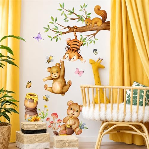 Bear & Tiger Wall Stickers for Nursery, Peel and Stick Woodland Animal Vinyl Decals with Squirrel Bees and Honey Pot, Kids Bedroom Playroom Wall Decor in Gift Box