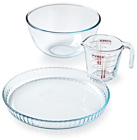 Pyrex - Kit pâtissier de 3 produits - 1 broc mesureur 0,5L + 1 bol de 2L + Moule - Verre Borosilicate -Résistant aux Rayures - Made in France (Plat à tarte)
