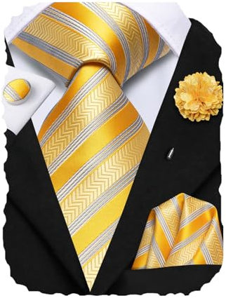 Hi-Tie Silk Men's Tie and Pocket Square Cufflinks Lapel Pin Set Jacquard Wedding Business Necktie for Formal,Yellow Gold