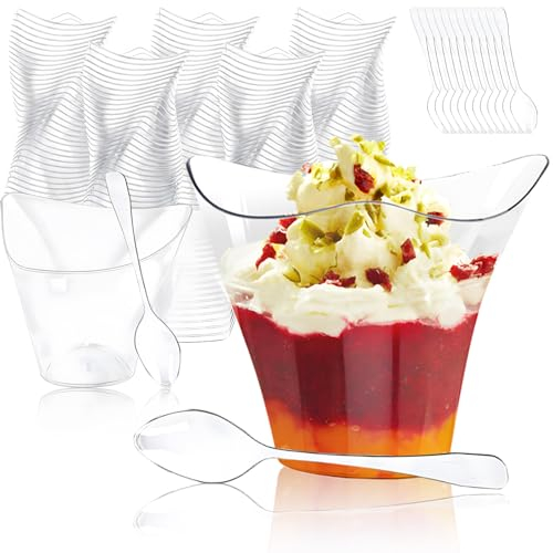 CIYIN 50 Stück Dessertbecher mit 50 Stück Löffeln, 100ML Dessertgläser Plastik, Wiederverwendbare Dessertbecher, Kleine Wirbeldreiecke Dessertgläser für Eis,Pudding Mousse,Party,Picknick