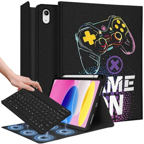 Wazzasoft for iPad 10th Generation Case with Keyboard - for iPad A16 Cases Pencil Holder 10.9 Inch Cover Men Boys Cute Teen Cool Black Gaming Design Funda for Apple Tablet 10th/11th gen