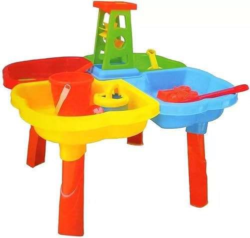 Kids 4 Section Sand and Water Table with 15 Accessories – Sensory Play Table for Children Aged 3+ – Sturdy Plastic Outdoor & Indoor Activity Station Set with Water Mill, Sand Moulds & Play Tools