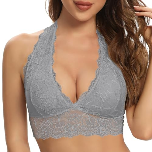 SHEKINI Reggiseno sexy da donna allacciato al collo per donna reggiseno in pizzo con scollo a V imbottito coppe morbide crop top, Grigio, S