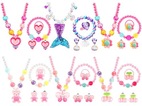 BTHRORO 6 Sets Kinderschmuck 30 Stück Kette Mädchen Armband Kinderringe Ohrring Schmuckset Mädchen, Kinder Schmuck mit Meerjungfrau Schwanz Bär Schmetterling Blume Kirsche Herz Anhänger