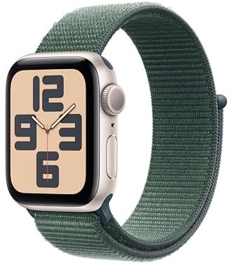 Apple Watch SE (2ᵉ génération) 40 mm GPS Montre connectée avec Boîtier en Aluminium lumière stellaire et Boucle Sport Vert lacustre. Suivi activité et Sommeil, détection Accidents, Neutre en Carbone