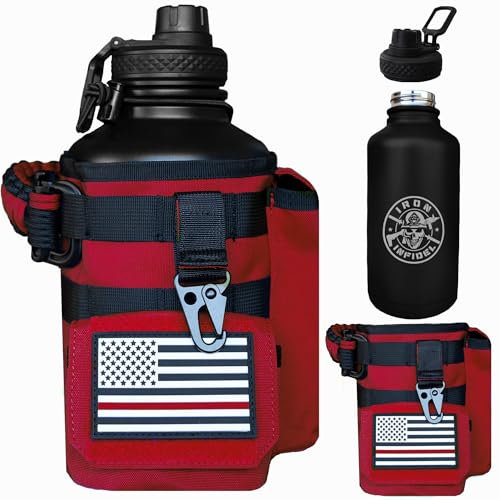 Iron Infidel Battle Bottle - Half Gallon Insulated Water Bottle with Paracord Handle, Large 64 oz Stainless Steel Water Jug with Rugged, Removable Sleeve for Keys, Wallet & Phone (Red Line 2 Liter)