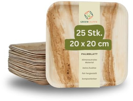Greenkaufen Premium Bio eckig Palmblatt Teller - Kompostierbar Einweggeschirr - Umweltfreundliches Palmblatt Geschirr - ähnl. pappteller und Bambus Teller Einweg (20 cm - 25 stück)