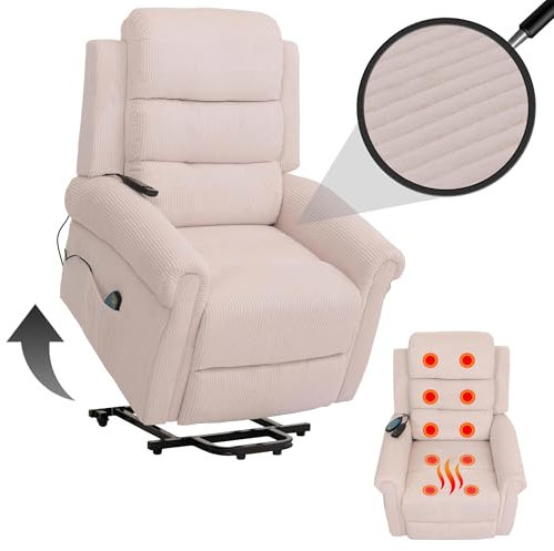 Mendler Fernsehsessel HWC-K63, Relaxsessel, Liegefunktion Aufstehhilfe Massage Heizfunktion, Stoff (220g/m²) Cord - Creme-weiß