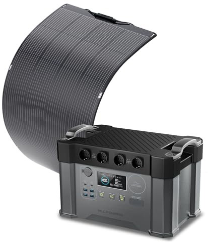 ALLPOWERS Estación de energía portátil S2000 Pro, 1451Wh Batería con SAI, 4×2400W Salida CA Generador solar(Pico 4000W)con 200W(SF200) panel solar flexibles para el hogar Emergencia Camping RV Viajes