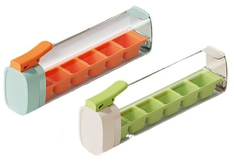 2Pcs Ice Cube Maker Box, One Hand Press Ice Compartment Mould, Home 6 Compartment Freezer Ice Maker Food Grade Mini Fridge Ice Cube Box, Orange and Green